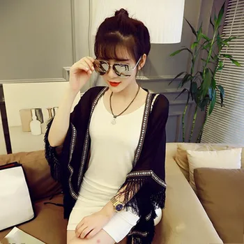 

2019 new shawl Summer fringed beach chiffon sunscreen cardigan Vacation thin solid color casual blouse