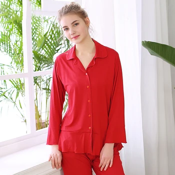 

QIANXIU 2018 woman modal pajama set turn-down collar cardigan Knitting home suit female Nine points sleeve Elegant lace pyjama