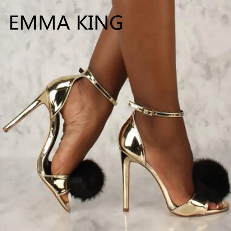 

2019 New Arrival Gold Black Leather Women PomPom Sandals Open Toe Ankle Strap High Heels Ladies Party Shoes Woman Roman Sandals