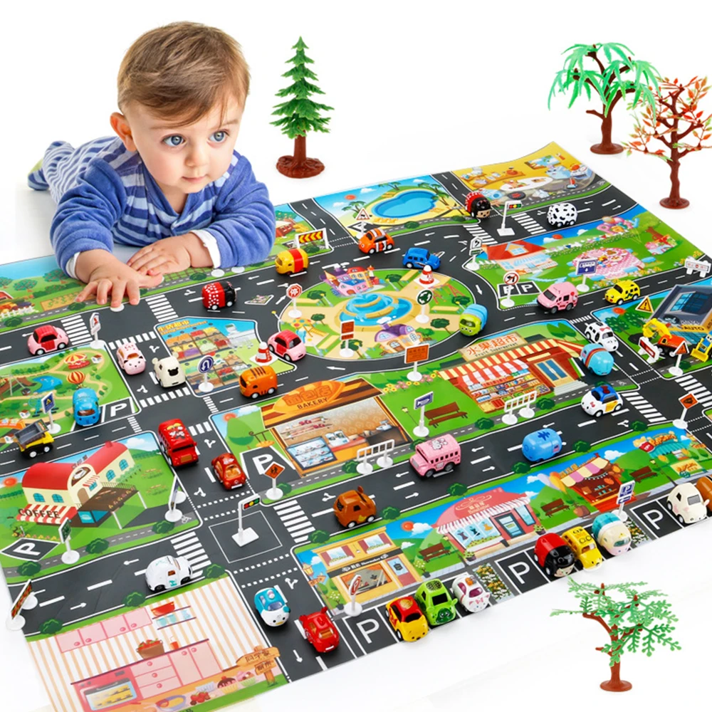 

Traffic Road Sign Car Model Parking Lot Map Crawling Mat Enlarge Waterproof Simulation Toy City Playing Portable Floor Game J11