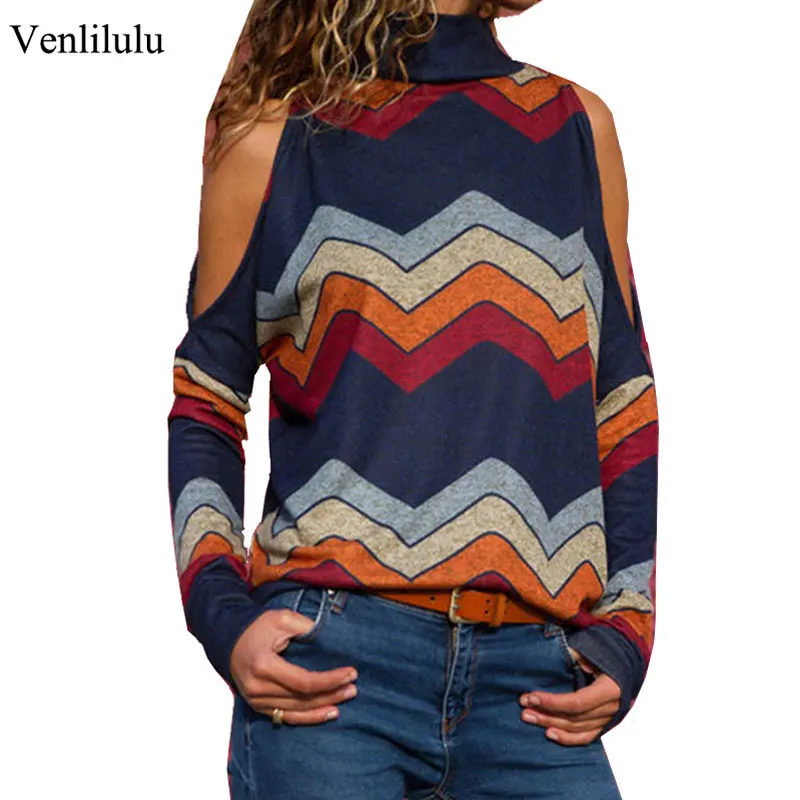 

2019 Spring Sexy Hollow Out TShirts Women Off Shoulder T Shirt Female Striped Knitted TShirt Ladies Women Turtleneck Female Tops