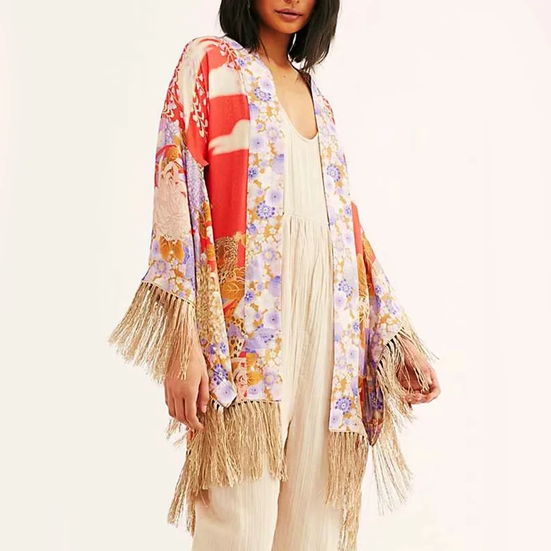 

KHALEE YOSE Boho Kimono Cardigan Blouse Summer Women Red Floral Top Cardigans Tasselled Loose Wrap Gypsy Chic Vintage Beach Robe