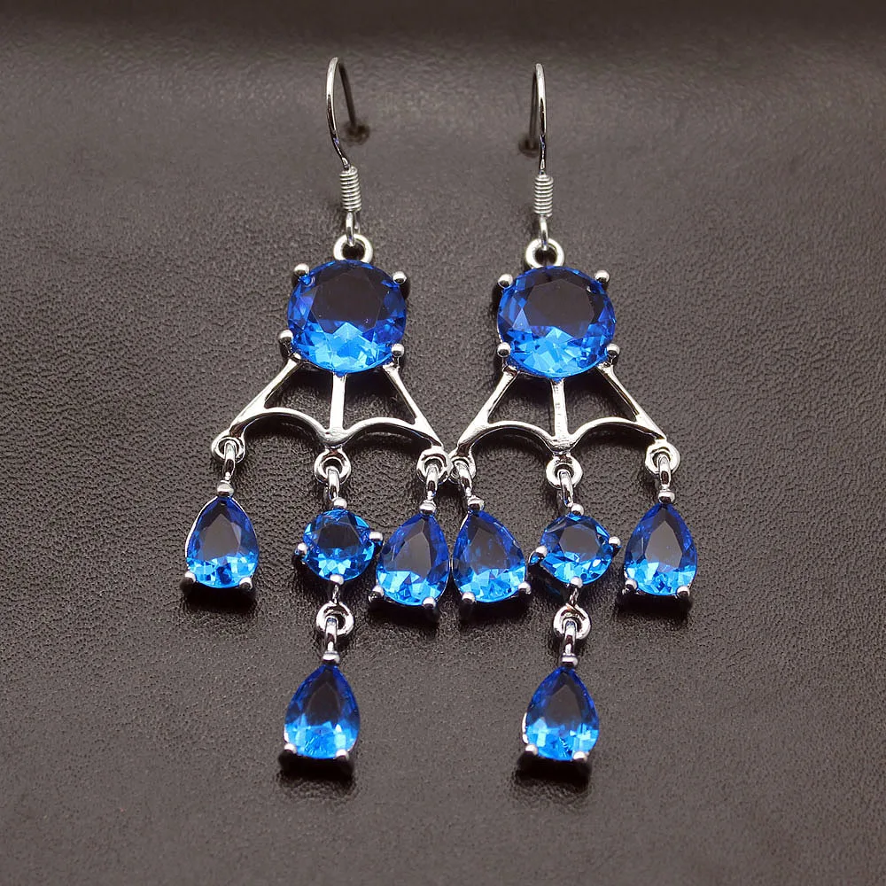 

Big Promotion Free Shipping Natural Ocean Blue Topaz925 Sterling Silver Drop Earrings For Women 2 1/8 Inch TK08