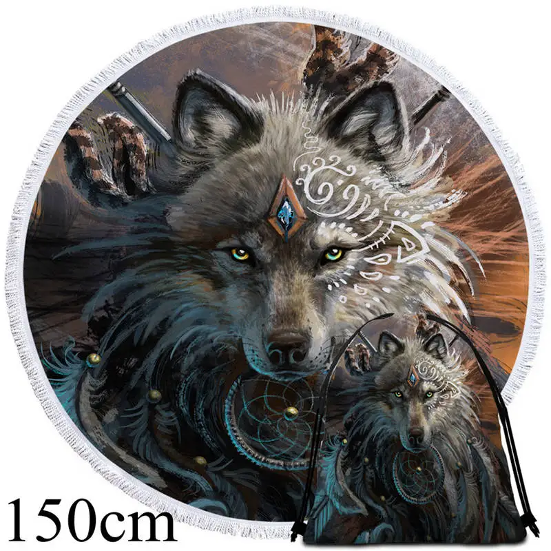 Towel 150cm-Bag Wolf Warrior от SunimaArt круглое пляжное полотенце для взрослых Волк принтованное из микрофибры с полотенце с кисточками одеяло большое родное Toalla - Цвет: Towel 150cm-Bag