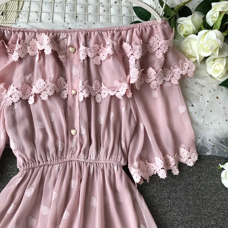 Кружевное Плиссированное летнее платье миди с открытыми плечами в Корейском стиле, винтажное элегантное платье размера плюс, туника белого и розового цвета, Пляжное Платье в стиле бохо, женское платье Vestidos