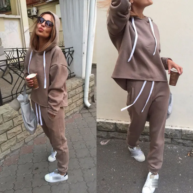 

2018 Autumn Tracksuit Long Sleeve Thicken Hooded Sweatshirts 2 Piece Set Casual Sport Suit Women Tracksuit Set