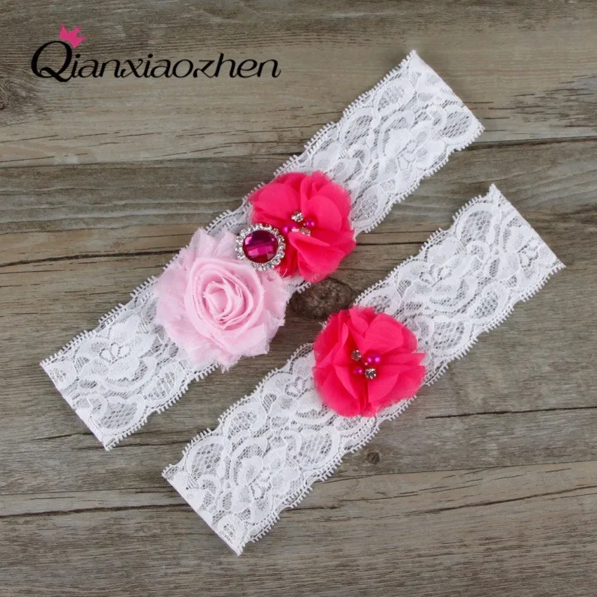 Qianxiaozhen 2pcs/set Fuchsia And Pink Lace Leg Wedding Garter Bridal