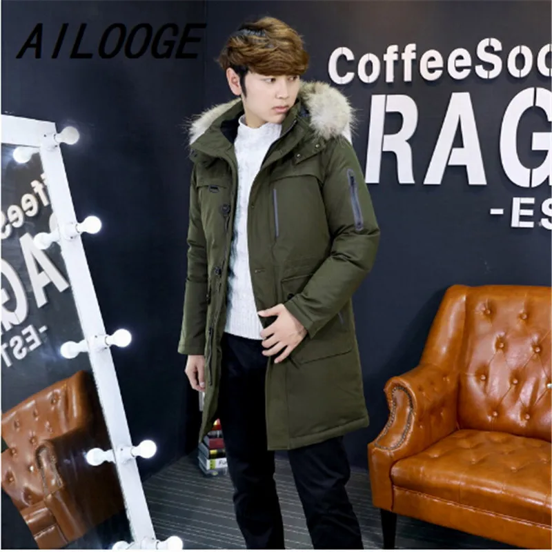 

Long thick warm winter parka men zipper 90% high quality white duck down buttons down jacket size black green red coat