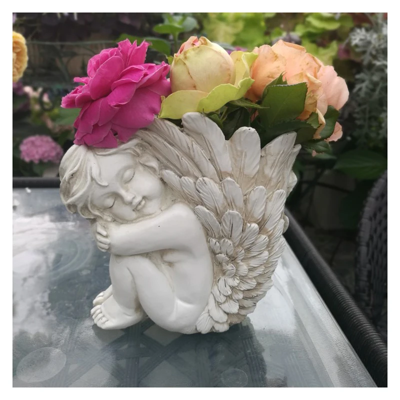 

European Retro Boy Angel Vase Resin Crafts Decoration Cupid Ornament Outdoor Flower Pot Goddess Little Fairy Big Wing Figurines