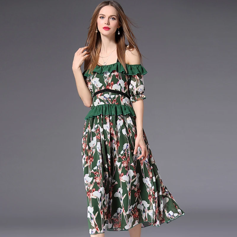 

Shetelisi Floral Print Cold-Shoulder Chiffon Dress with Flounce Casual Holiday Party Dresses Slim Style Beach Clothes ssd110