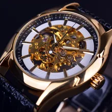 Победитель навигатор серии Ретро Золотой Скелет белый Watch Automatic мужские кожаные наручные мужские часы Автоматическая Роскошные Лидирующий бренд