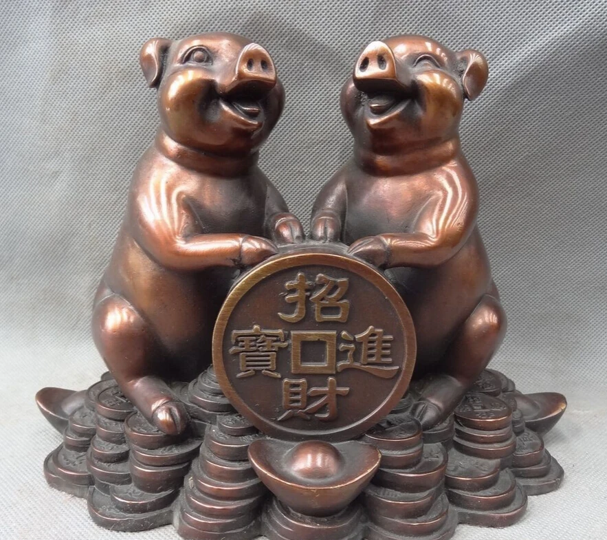

S3450 9" China Year Zodiac Pure Bronze Wealth Coin YuanBao FengShui 2 Happy Pig Statue D0318