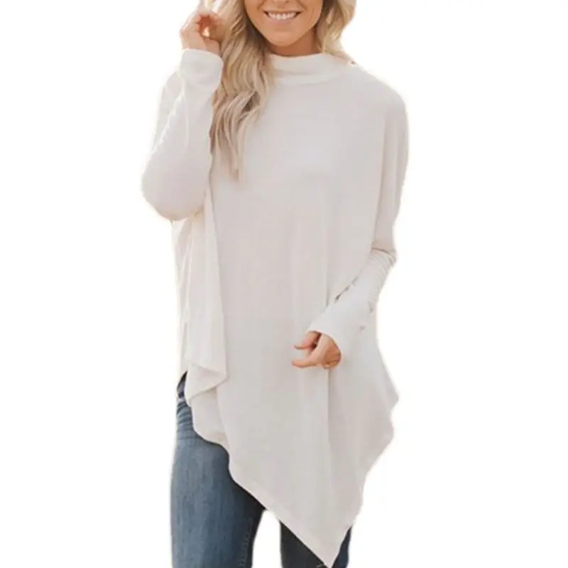 

Womens Long Batwing Sleeve Blouse Turtleneck Hankerchief Hem Loose Solid