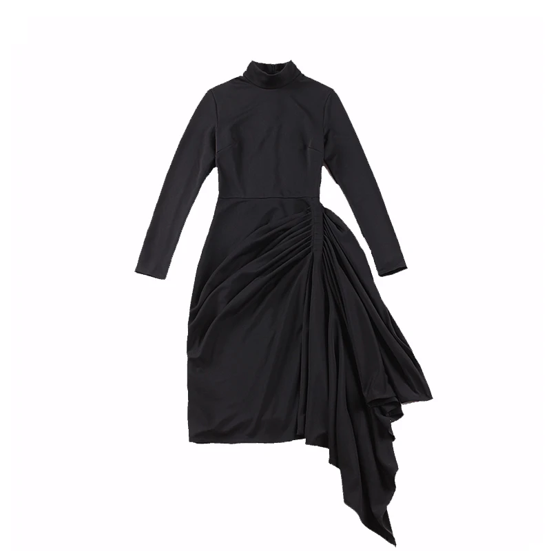 Le palais Винтаж 2018FW классической драпированные Платье черного цвета элегантные с высоким, плотно облегающим шею воротником с высокой посадкой, с высокой посадкой, 50s ретро матовый платье - Цвет: Черный