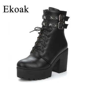 

Ekoak Fashion Sexy High Heels Motorcycle Boots Lace-Up Autumn Leather Metal Stars Platform Ankle Boots for Women Shoes Woman