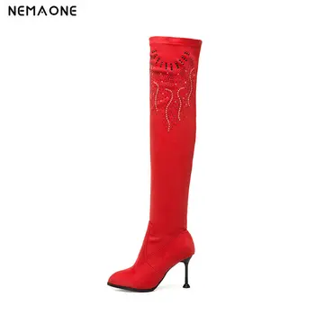 

NEMAONE 8cm thin high heels over the Knee high Boots Winter poined Toe platform Women Boots Lady Fashion Boots Big Size 34-43