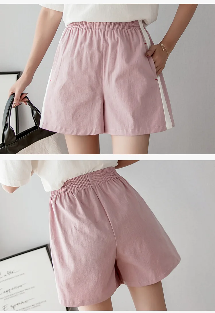 Хлопок Белье Короткие брюки женские летние свободные брюки отдыха Узкие полосатые брюки с высокой талией повседневные тонкие широкие брюки ноги черный розовый