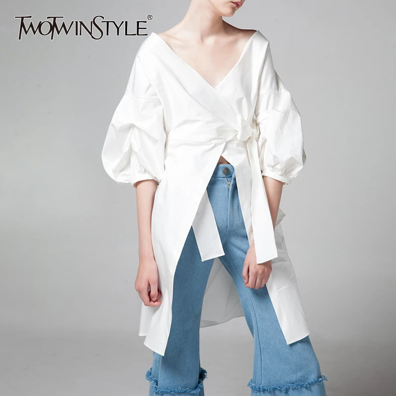 TWOTWINSTYLE Lace Up Shirt For Women V Neck Ruched Lantern Sleeve Split Palazzo Long Blouse 2018 Summer Fashion New Clothing