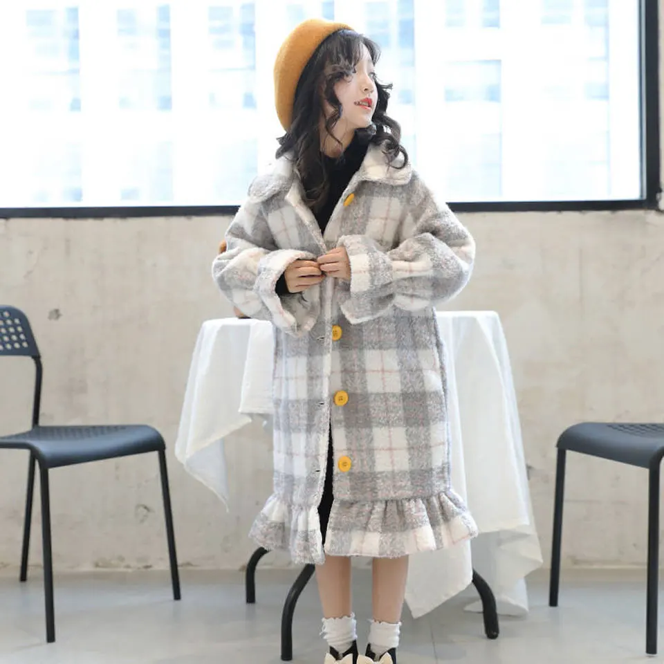 

Winter Girls Overcoats Elegant Plaid Wool Coat Autumn Kids Windproof Coats 2018 Warm Long Outerwear Children Clothing