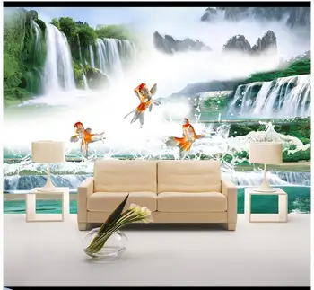 

High end custom 3d photo wallpaper murals wall paper Goldfish Waterfall Waterfront Wall TV background wall home decoration