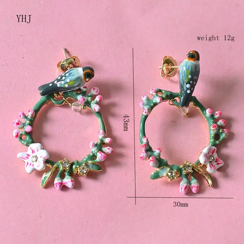 

Fancy couple asymmetrical bird cherry blossom vine magpie Silver Pin Earring