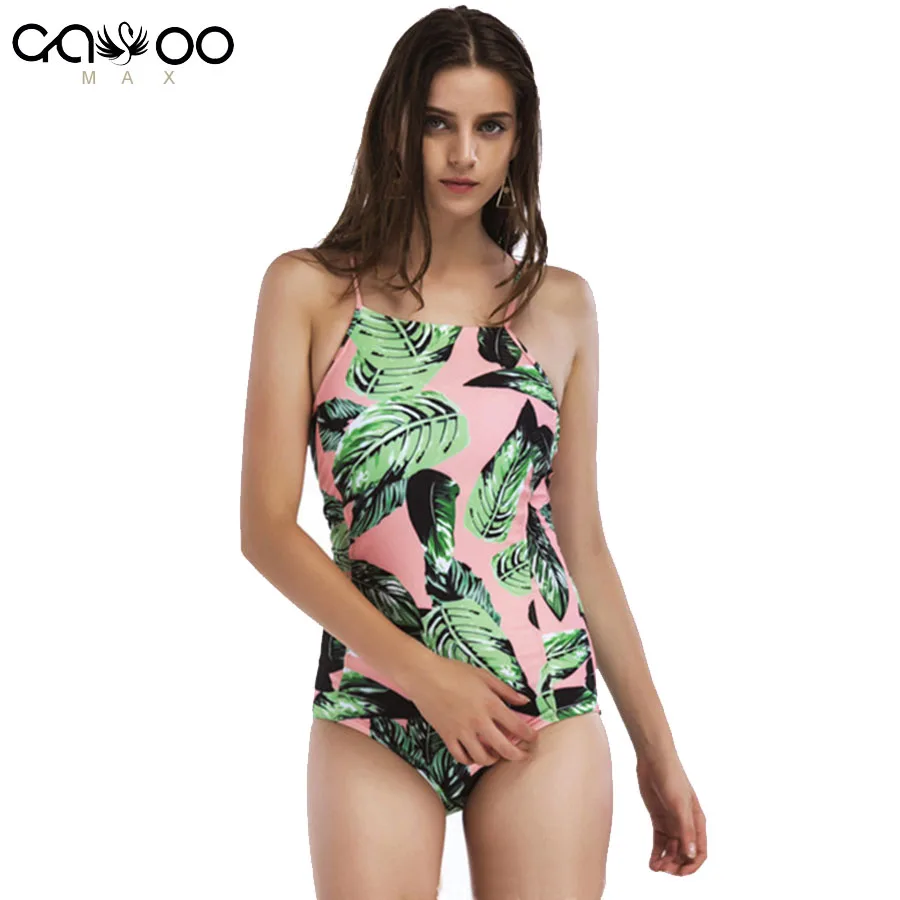 

2018 Women's One Piece High Neck Padded Bikini Floral Printed Monokini Removable padded push up Back Lace Up Halter Swimsuits