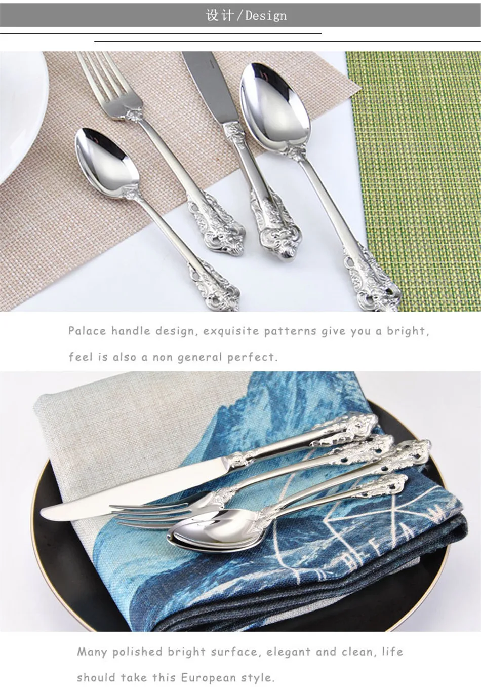 Dinnerware Set Stainless Steel Cutlery Set Silver Embossed Hollow Knife Fork Tableware Cutleries European Western Food Set 4 Pcs (2)