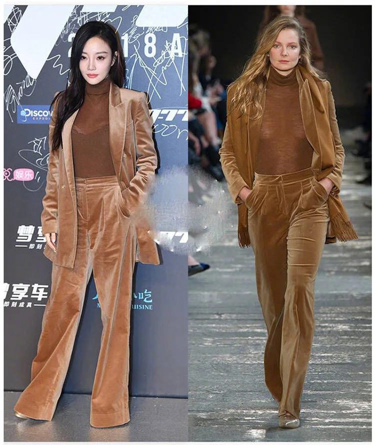 Li Xiaolu star with the wide leg pants velvet suit women autumn winter casual suit fashion two new collage Coat + trousers cool Li Xiaolu star with the wide leg pants velvet suit women autumn winter casual suit fashion two new collage Coat + trousers cool