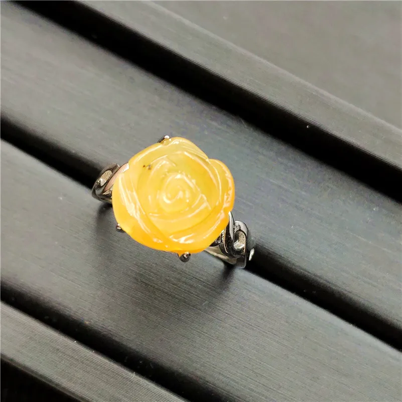 Natural Yellow Amber Gemstone Ring Flower Shape Adjustable 925 Sterling Silver For Woman Man Fashion Wedding Engagement Ring