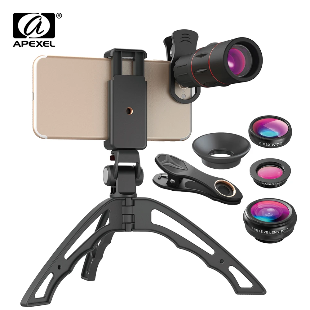 

APEXEL 18X Telescope Phone Lens Monocular+3in1 Fisheye Wide Macro Lens +Selfie Tripod With Buletooth for iPhone Smartphones