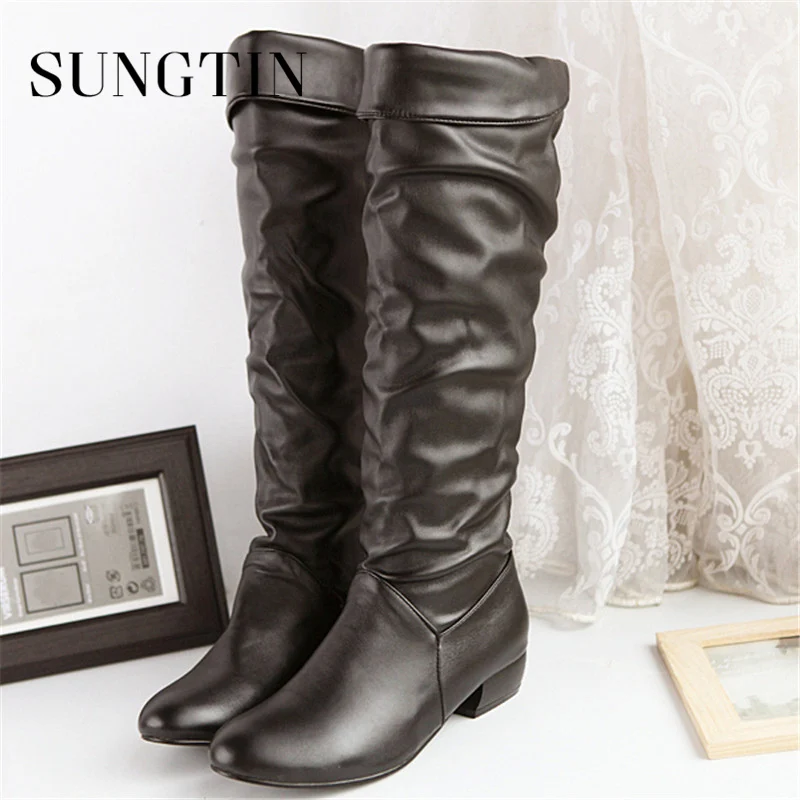 Sungtin/; Лидер продаж; женские сапоги до колена из искусственной кожи; модные классические сапоги на плоской подошве; женская обувь; сезон осень-зима; классические высокие сапоги