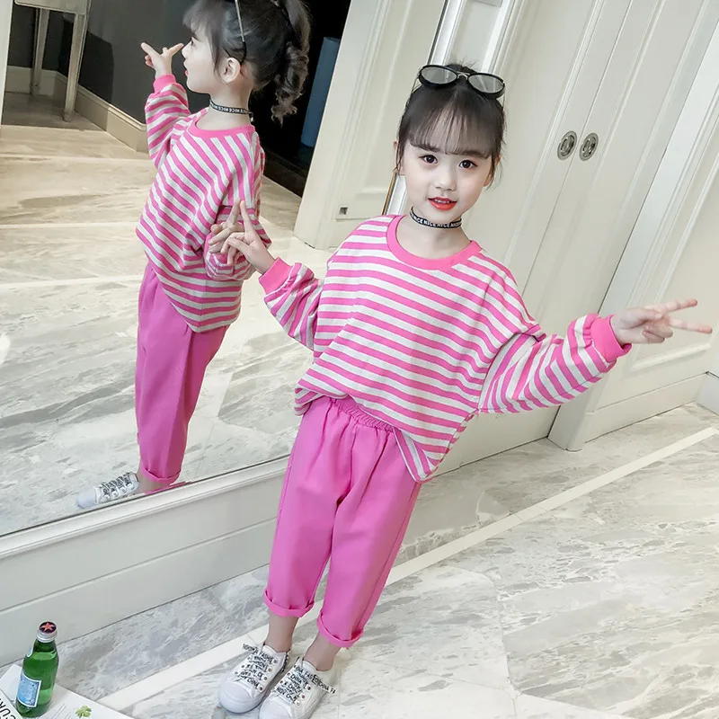 

Girls Clothing Sets 2019 Autumn Kids Sport Suit Long-sleeved Striped T-shirt + Pants Suits Children Casual Tracksuits
