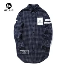 Синяя Клетчатая длинная хип-хоп рубашка для мужчин, весна, высокое качество, с принтом Just be Yourself, удлиненная Мужская рубашка, хипстерские рубашки из хлопка