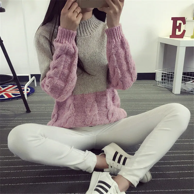 Вязаный пуловер с круглым вырезом, женский свитер в стиле пэчворк, мягкий джемпер для женщин, Осень-зима, теплый вязаный свитер ZY4016 - Цвет: Розовый