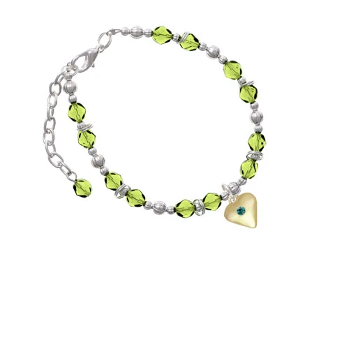 Goldtone Large December - Teal Crystal Heart Lime Green Beaded Bracelet