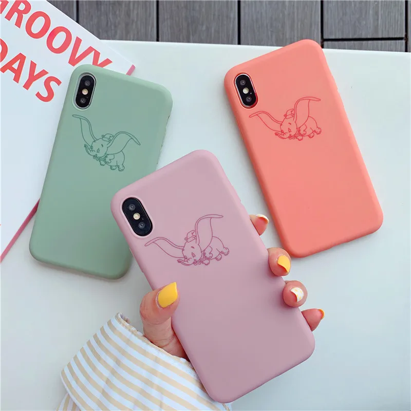 

Dumbo Phone Case For iPhone 7 6 6s 8 X Plus XR XS Max Flying Elephant Simple Solid Color Soft TPU Case Candy Color Cover