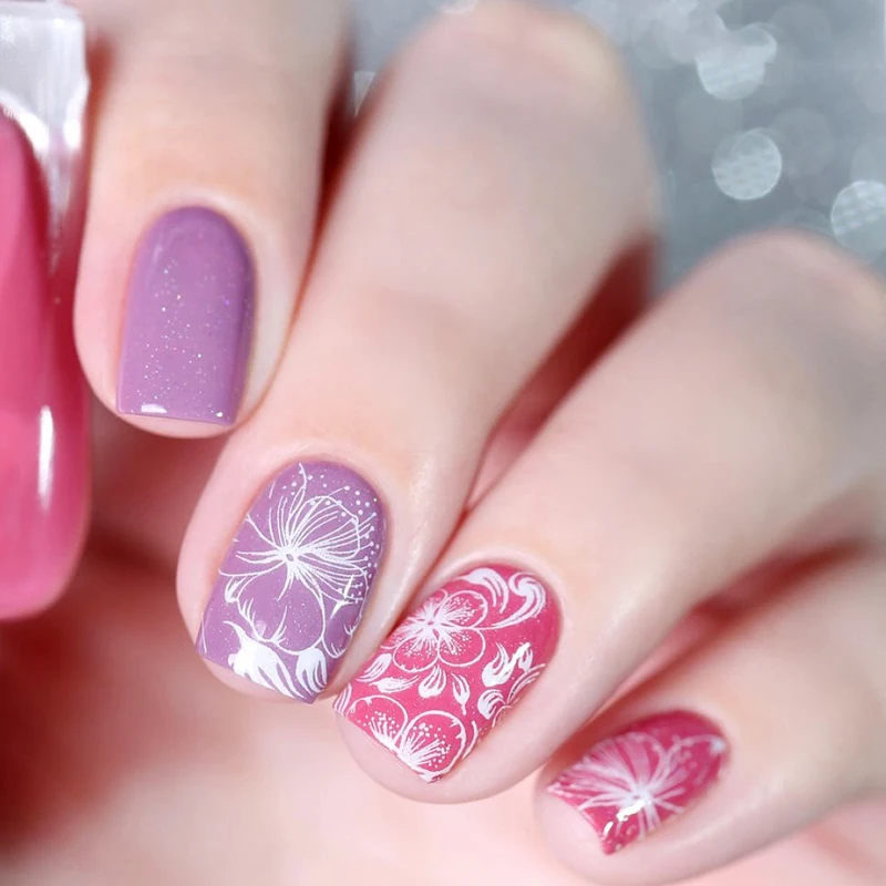 Elegant 24pcs/set Romantic purple Painted flowers design false nails Middle-long lady full nail tips Patch art tool bride | Красота и