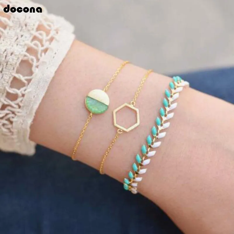 

docona Gold Green Stone Round Geometric Leaf Layered Bracelet Set for Women Girl Chains Leaves Charms Bracelet Bangle 3485