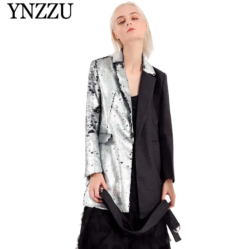 

High Street Patchwork Sequins Blazer Women 2019 Spring Autumn Chic Mid-Long Women Blazer Jacket Female Outwears AO854