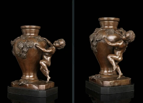 

xd 003430 Art Deco Sculpture Flower Vase Grape With Naked Boy Bronze Statue