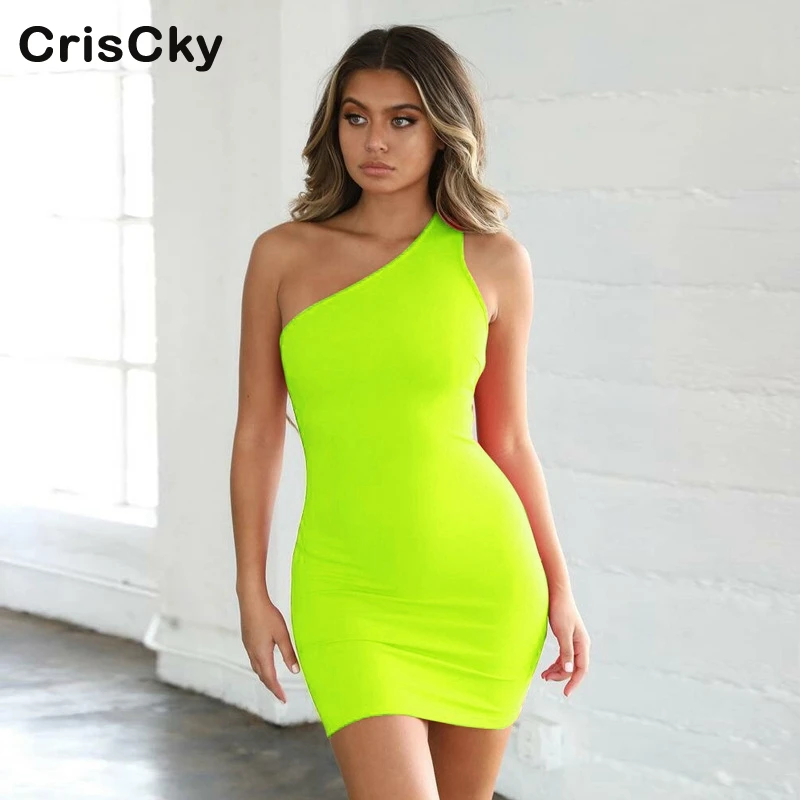 

CRISCKY Hot Summer Woman Solid Party Bodycon Dresses Ladies One Shoulder Sleeveless Slim Mini Dress Women Skinny Dress Vestidos