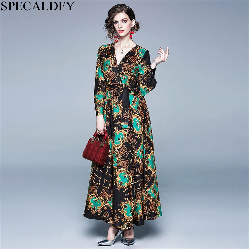 

2019 New Fashion Designer Runway Long Shirt Dress Women Luxury Printed Retro Vintage Dress Spring Casual Maxi Dresses Robe Femme