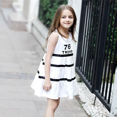 

Teenage Girls' Cotton Tank Dresses Top Quality Kids' A-Line Dress Black White Age 2-12