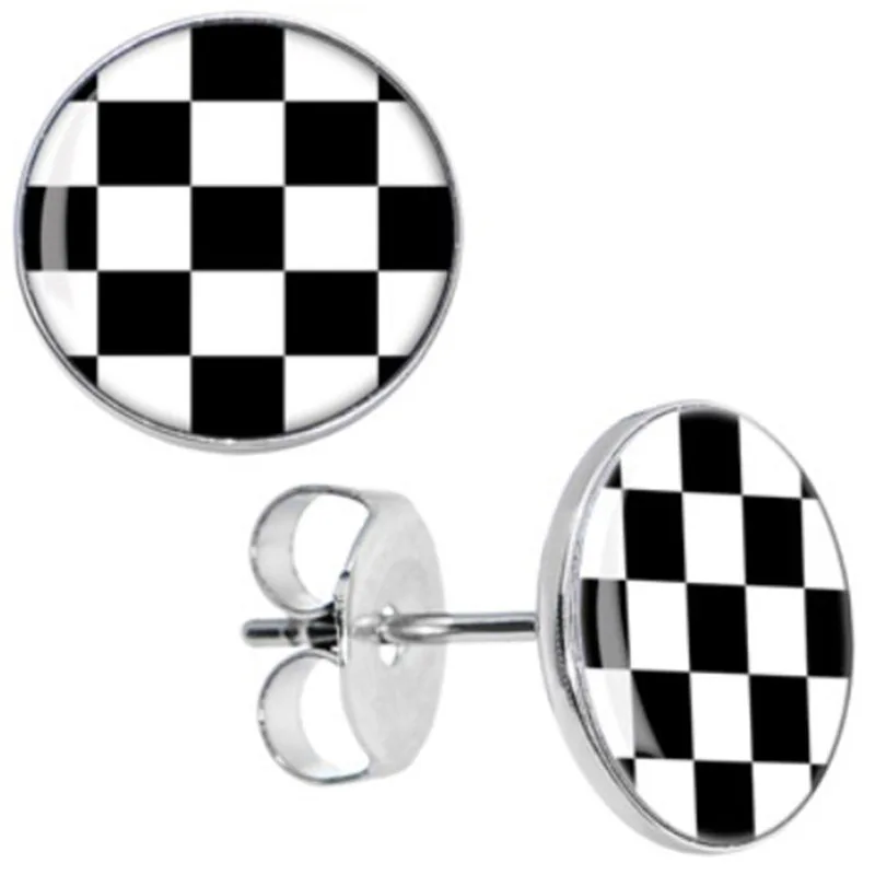 Black and White Checkered Stud Earrings
