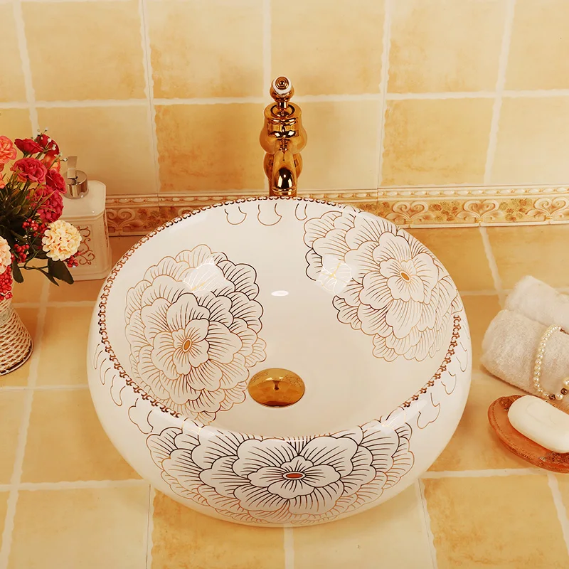 Chinese wash basin sink bathroom sink bowl countertop Ceramic wash basin bathroom sink peony pattern (7)