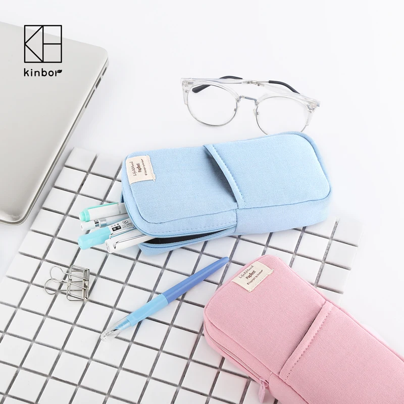 

Cute Pink Blue Canvas Pencil Bag Travel Makeup Brush Pouch Multifunction Students Pencil Case Kawaii Stationery