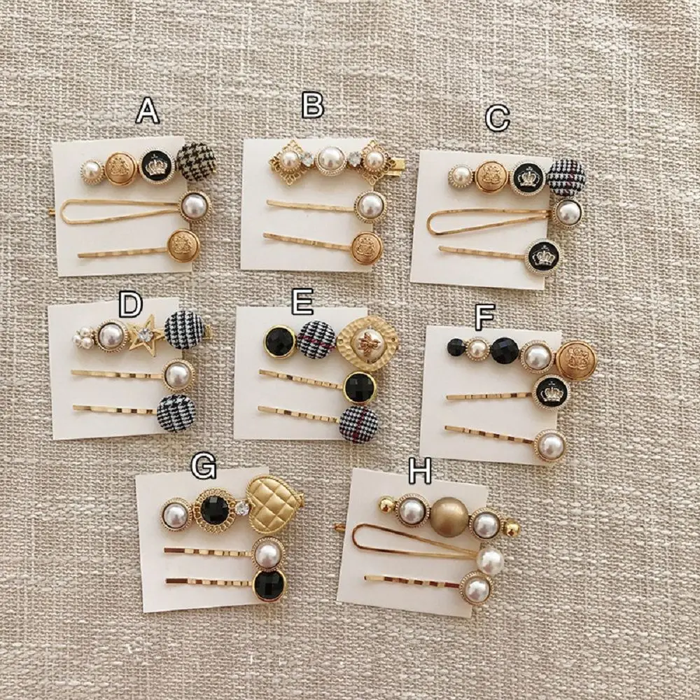 3pcs/Set Women Fashion Imitiation Pearl Hair Clips Hair Accessories Hair Pins Button Metal Hairpin Barrette Styling Tool