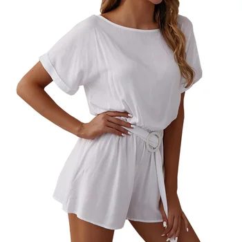 

Summer Women O neck Solid Color Loose Playsuit Sashes Short Jumpsuit