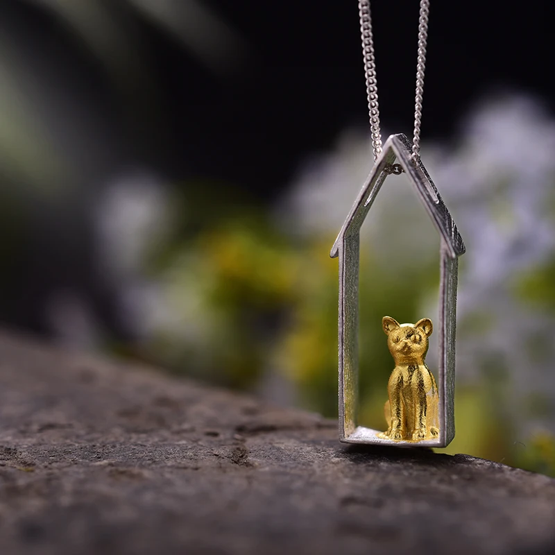 925 Sterling Silver Handmade Fine Jewelry Original Gold Cute Gazing Cat Design Pendant without Necklace for Women Lotus Fun pendant necklace silver pendant silver necklace charms