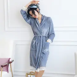 Толстые теплые фланелевые халаты для Для женщин 2018 зимняя мода корейский с длинным рукавом коралловый бархатный халат пижамы Домашняя
